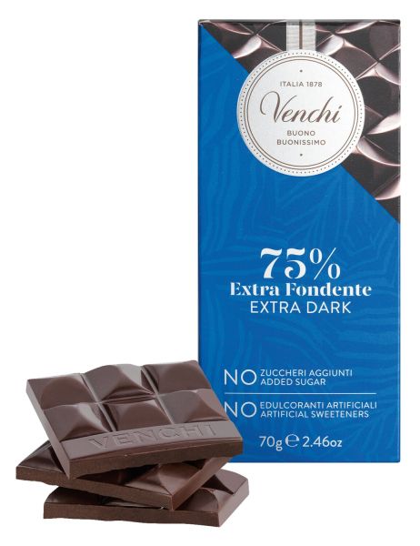 Venchi 75% Extra Fondente - Dunkle Schokolade 75% ohne Zuckerzusatz, 70g